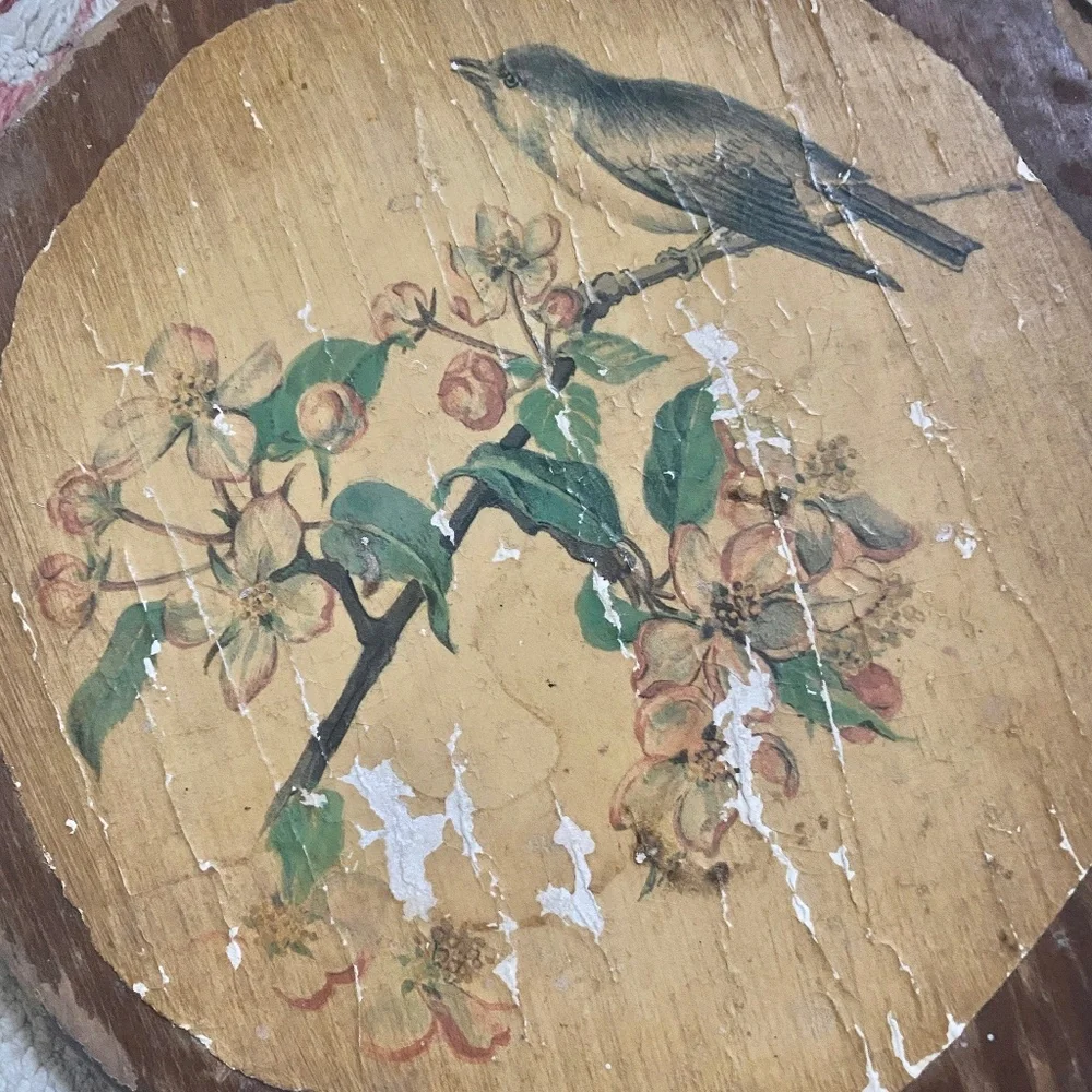 VTG I Long Handle Round Wood Hand Mirror Bird Dogwood Flowers